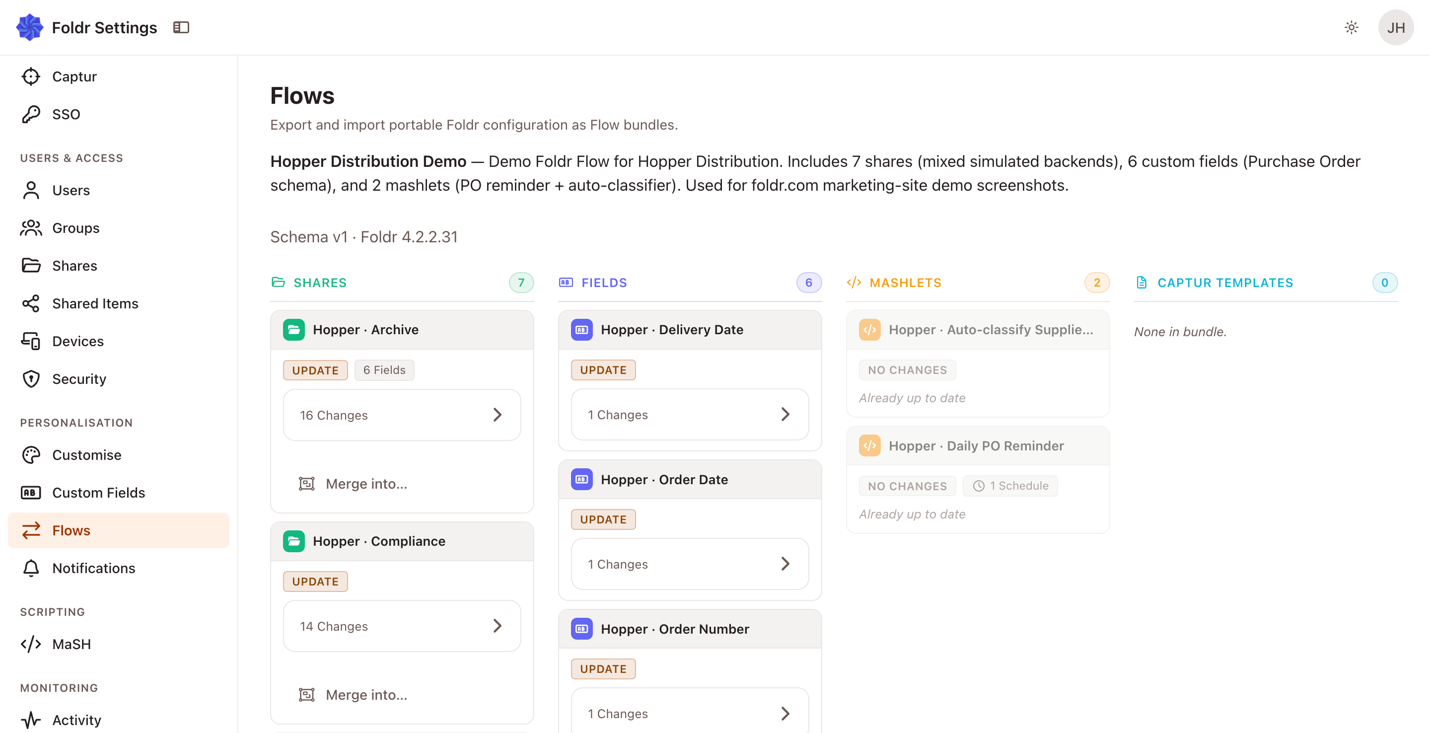 Foldr Flows settings, building a flow bundle with shares, fields, mashlets, and Captur templates