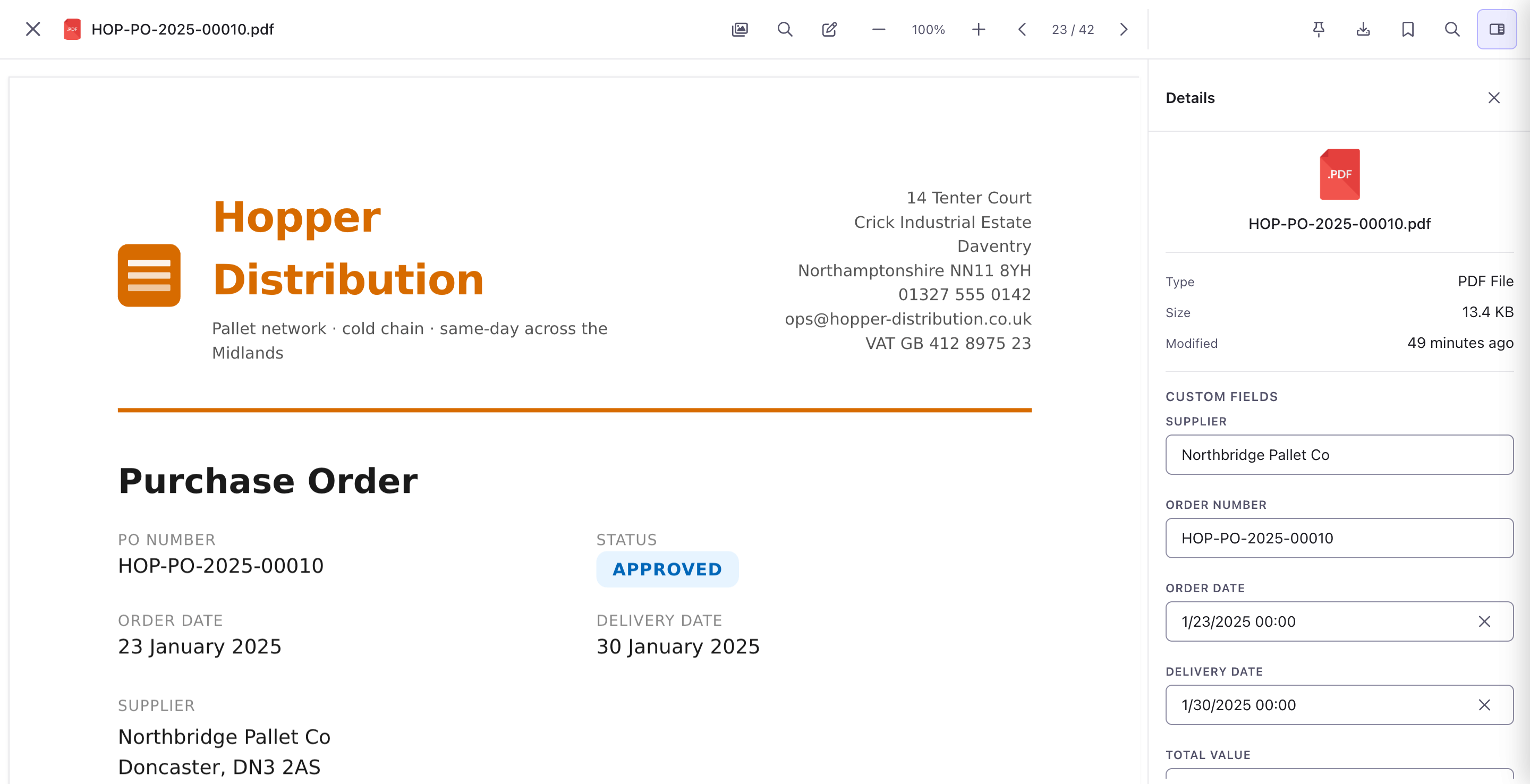 Captur extracting Supplier, Order Number, Date and Total fields from a purchase order into Foldr custom fields