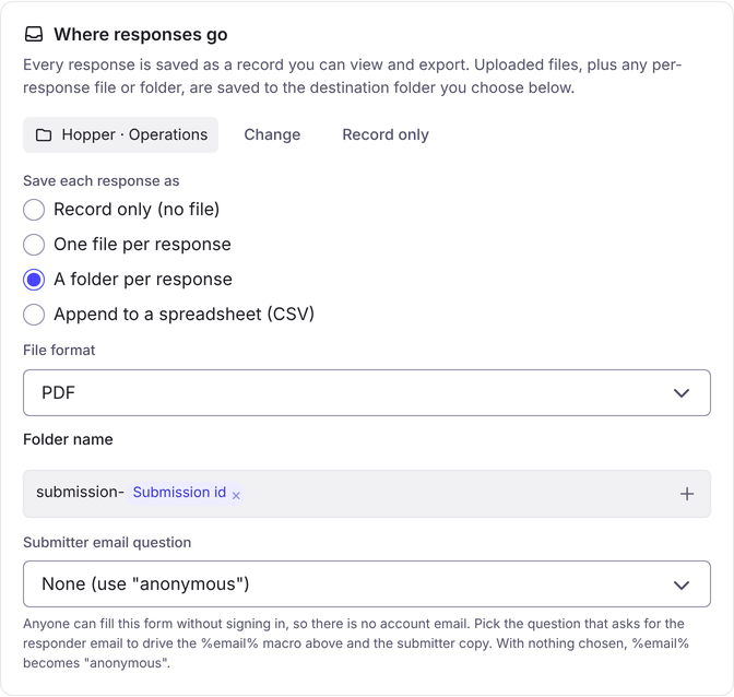 The Where responses go card, set to save a folder per response as a PDF in a chosen share