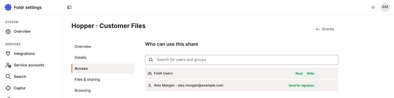 A share's Access page in Foldr Settings, with Send for signature granted to one person alongside the read and write access of Foldr Users